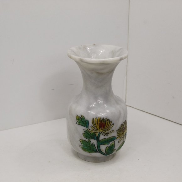Vintage Marble Vase with Hand Etched Painted Floral Design - Picture 1 of 7